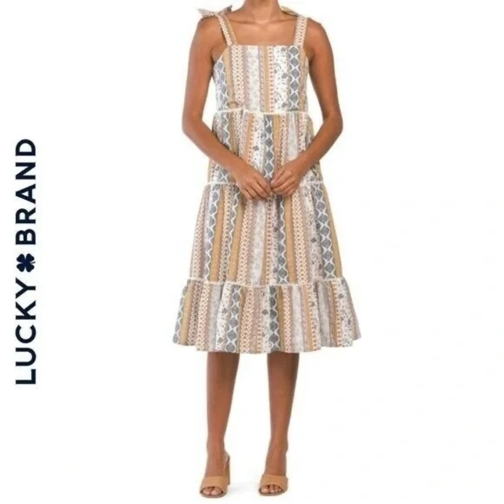 LUCKY BRAND | Shoulder Tie Tiered Dobby Midi Dress Size Small